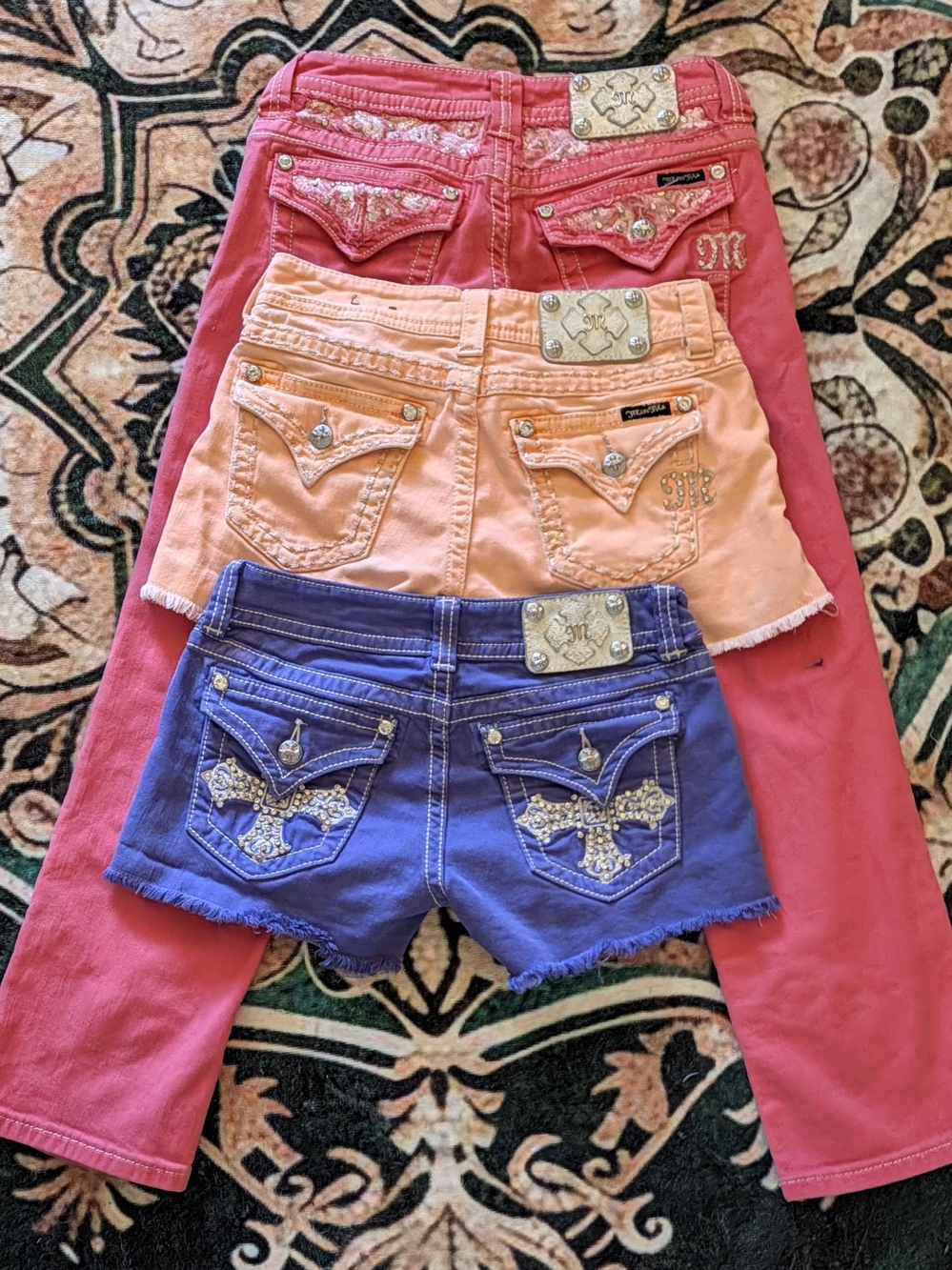 Miss Me Colorblock Embellished Jean Shorts Trio - Pink, Peach & Purple